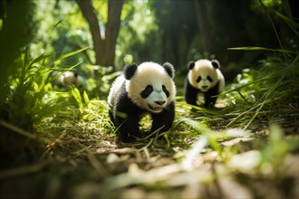 Cute panda cubs in a lush bamboo grove, The image showcases the beauty and serenity of nature and