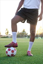 Portrait of football player on the field with his foot on the ball. Male football player with his