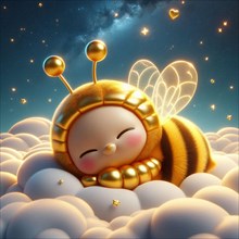 A bee character with a wide smile in an astronaut suit nestled in clouds under a star-filled sky,