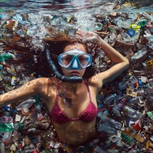 Woman diving in polluted water surrounded by plastic waste, AI generated