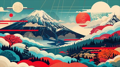 A serene scene with the majestic Mount Fuji in the distance, surrounded by geometric patterns and