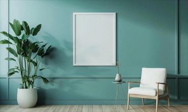 A blank image frame mockup on a teal wall AI generated