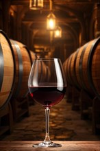 AI generated red wine in a clear glass in a rustic wine cellar