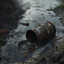 A rusty canister lies abandoned in a puddle of oil, conveying a sense of neglect, pollution,