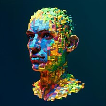 AI generated human head digitalised in pixel art style presenting a mosaic of vibrant hues in neon
