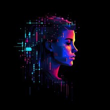AI generated female human head digitalised in pixel art style presenting a mosaic of vibrant hues