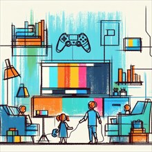 Sketch of a family in a living room with TV and gaming console, depicting a cozy atmosphere, AI