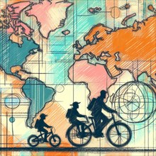 Family riding bikes over a sketch-like world map, portrayed in an abstract colorful style, AI