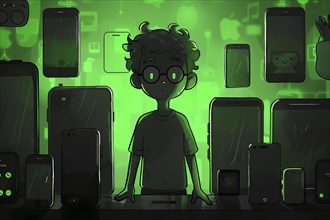 Cartoon boy with glasses surrounded by floating smartphones in a green glow, 3D, illustration, AI