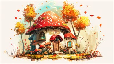Colorful and vibrant autumn scene featuring a fantasy mushroom house, AI generated