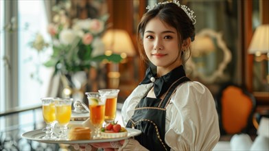 A server in a maid outfit carries a tray with beverages and fruit, exuding elegance, AI generated