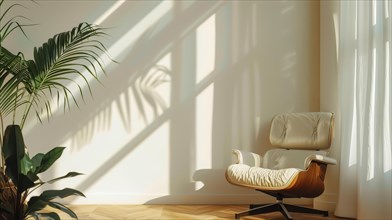 Cozy corner with a modern chair and plant bathed in sunlight, casting intricate shadows, AI