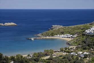 View of Pallas Beach, Lindos, Rhodes, Greek island, Greece, Europe