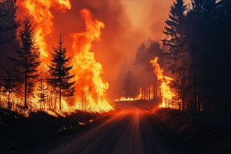 A forest wildfire is raging through a wooded area with road. Trees are on fire and flames are