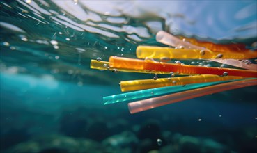 Discarded plastic straws floating in ocean currents AI generated