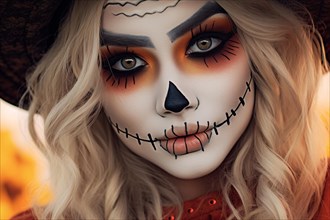 Woman with scarecrow Halloween costume makeup. KI generiert, generiert, AI generated