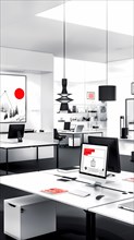 A pristinely organized modern office space styled in grayscale with red as a focal color,