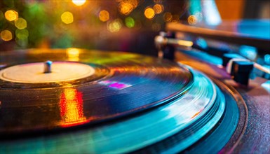 Vinyl play a song on a classic turntable against a vibrant background with bokeh effect ai