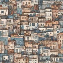 Densely arranged watercolor buildings depicting an urban landscape, AI generated
