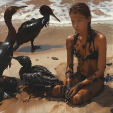 A girl looks seriously next to oil-soiled Birds on the beach, between man and nature, AI generated
