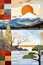 Image with mosaic texture shows Mount Fuji at sunset in muted colours, Japan, AI generated, AI
