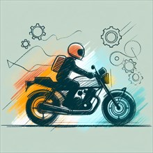 Illustration of a motorcyclist with helmet surrounded by mechanical gears, AI generated