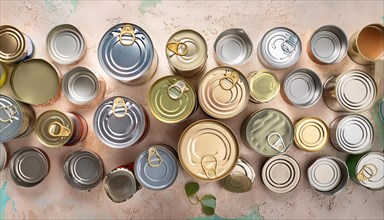 Symbol photo, empty tin cans on the kitchen table, AI generated, AI generated
