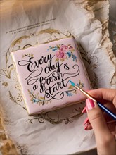 Close-up of a hand practicing calligraphy with an inspirational message surrounded by floral
