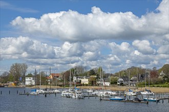 Clouds, houses, marina, Lindaunis, Schlei, Schleswig-Holstein, Germany, Europe