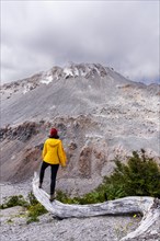 Young woman in yellow jacket standing in front of a volcano, Chaiten Volcano, Carretara Austral,