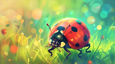 Ladybug on greenery with a bright and vibrant blurred background, AI generated