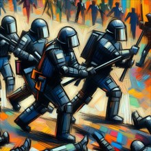 Abstract art of armored figures in motion with bold colors suggesting action and strength, AI
