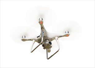 Unmanned aircraft system (UAV) quadcopter drone in the air isolated on a white background