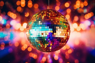 A disco ball is suspended from the ceiling at party in nightclub, reflecting the lights and