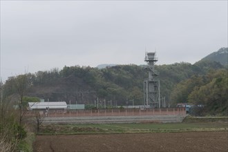 Natural gas vent stack tower at supply station in rural community of South Korea
