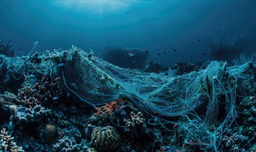 Abandoned fishing nets entangled on a coral reef, underwater background AI generated