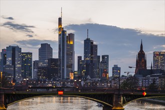 Skyline and banking district at sunset, twilight, Tower 185, Commerzbank, HelaBa, Hessische