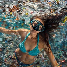 A woman dives into a sea full of plastic waste, eye contact with the camera, AI generated