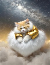 Adorable cat wearing a shiny gold jacket sleeps peacefully on a fluffy cloud with a dramatic sky