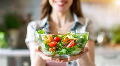 A young woman is holding a healthy salad bowl in a kitchen, AI generated