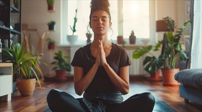 A woman is sitting on a yoga mat in a room with plants practicing yoga poses and mindful