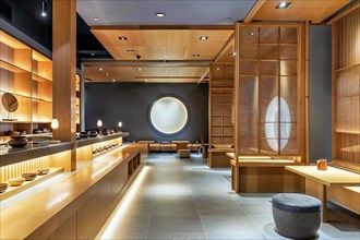 A modern Japanese restaurant with elegant wooden furnishings and warm lighting, crockery, Japan, AI