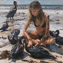 A girl takes care of oil-smeared Pelicans on the beach, artistically depicted, AI generated