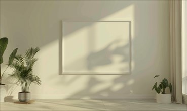 A blank image frame mockup on a soft ivory wall in a minimalistic modern interior room AI generated