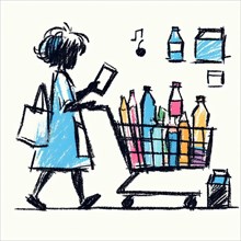 Abstract sketch of a person reading a list while pushing a grocery cart, AI generated