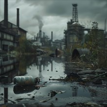 Gloomy industrial landscape with factories and waste in the water, pollution, environmental