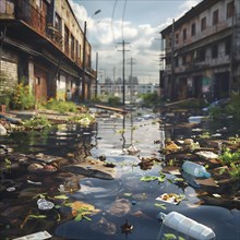 Flooded city street with rubbish and plastic on the water surface, environmental pollution,