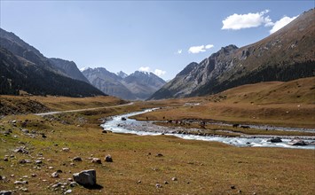 Landscape with high mountains and stream in the Tien Shan, mountain valley, Issyk Kul, Kyrgyzstan,