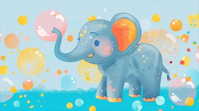 A cheerful elephant caught in a lively dance with pastel-colored bubbles, AI generated