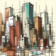 Colorful abstract sketch of a cluster of stylized high-rise buildings, AI generated